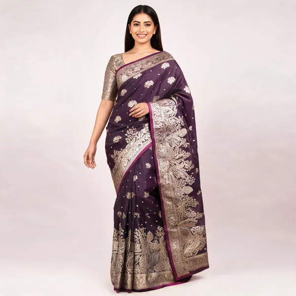 Wine_Satin_Silk_Zari_Woven_Banarasi_Saree_With_Blouse_For_Women