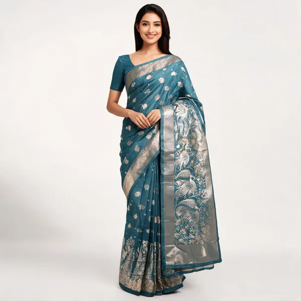 Teal_Zari_Woven_Peacock_Border_Banarasi_Saree_For_Women