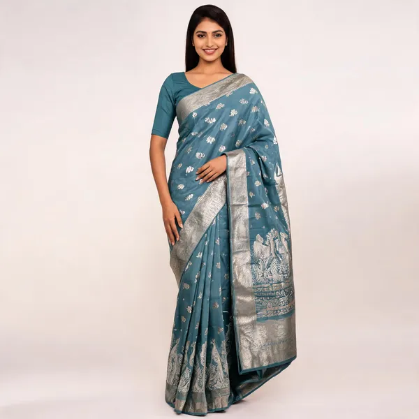Teal_Zari_Woven_Peacock_Border_Banarasi_Saree_For_Women