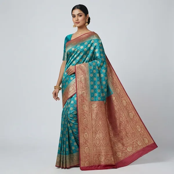 Teal_Satin_Silk_Zari_Work_Banarasi_Saree_With_Blouse_For_Women
