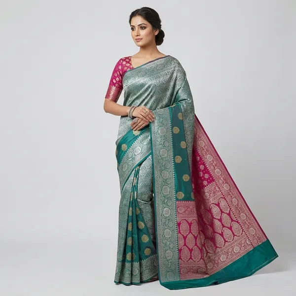 Green_And_Red_Satin_Silk_Zari_Work_Banarasi_Saree_With_Blouse_For_Women