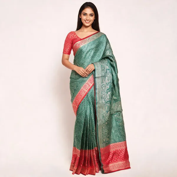 Green_Satin_Silk_Woven_Border_Banarasi_Saree_With_Blouse_For_Women