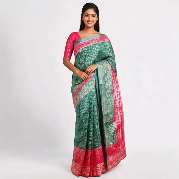 Green_Satin_Silk_Woven_Border_Banarasi_Saree_With_Blouse_For_Women