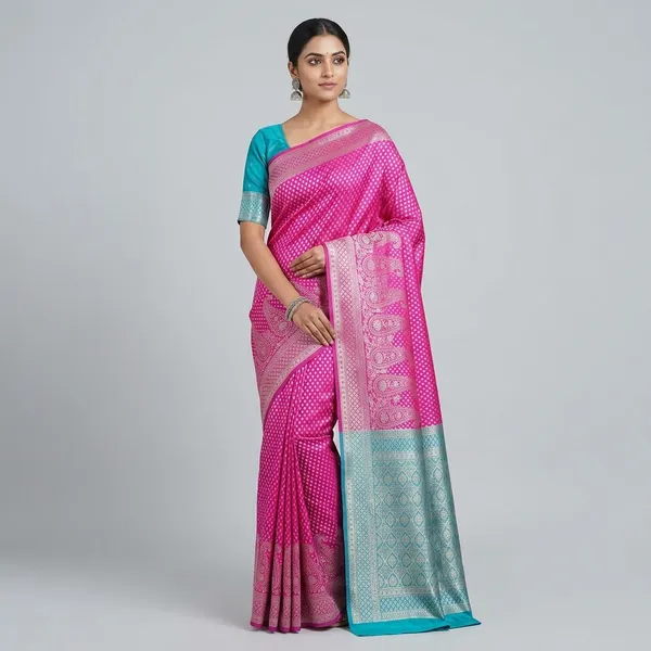 Teal_And_Pink_Satin_Silk_Zari_Woven_Banarasi_Saree_With_Blouse_For_Women