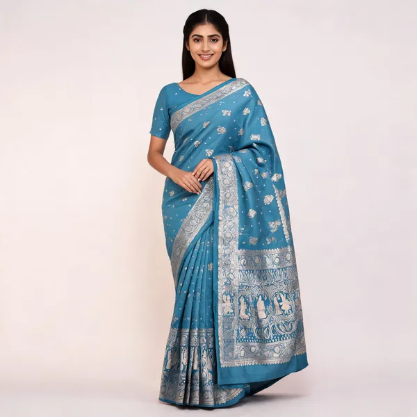 Teal_Blue_Satin_Silk_Zari_Woven_Banarasi_Saree_With_Blouse_For_Women