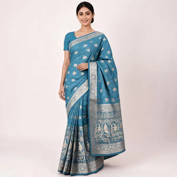 Teal_Blue_Satin_Silk_Zari_Woven_Banarasi_Saree_With_Blouse_For_Women