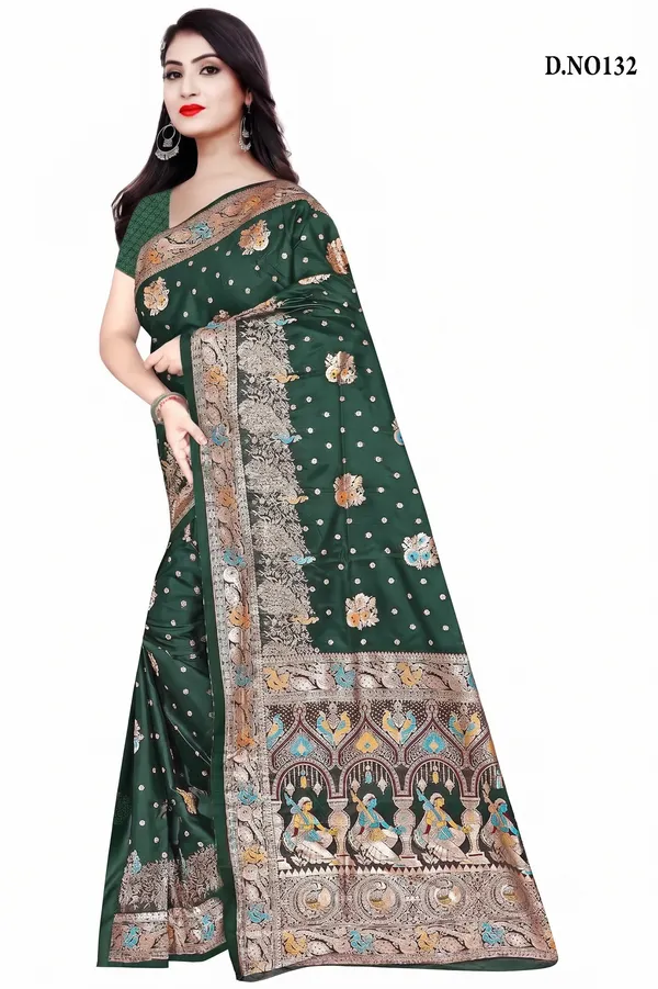 Green_Banarasi_Woven_Border_Saree_with_running_blouse_For_Women