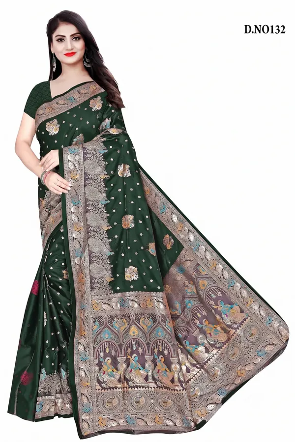 Green_Banarasi_Woven_Border_Saree_with_running_blouse_For_Women