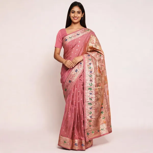 Pink_Zari_Woven_Peacock_Border_Banarasi_Saree_For_Women