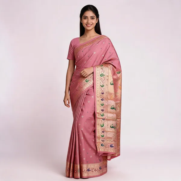 Pink_Zari_Woven_Peacock_Border_Banarasi_Saree_For_Women