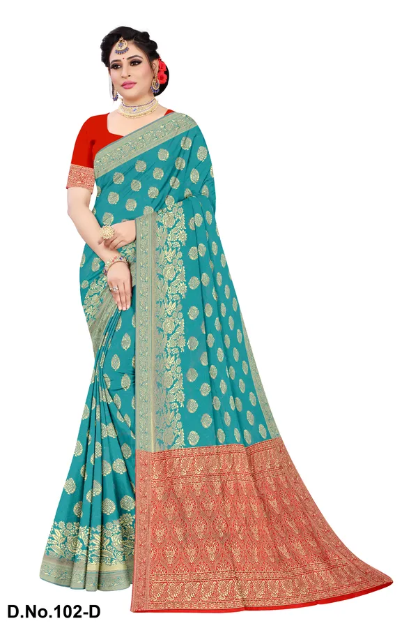 Teal_Silk_Zari_Woven_Booti_Banarasi_Saree_With_running_Blouse_For_Women