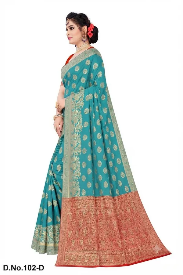 Teal_Silk_Zari_Woven_Booti_Banarasi_Saree_With_running_Blouse_For_Women