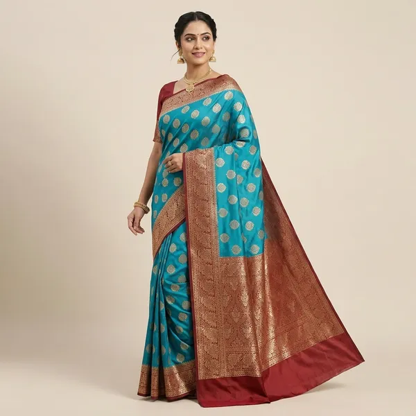 Teal_Satin_Silk_Zari_Woven_Booti_Banarasi_Saree_With_Blouse_For_Women