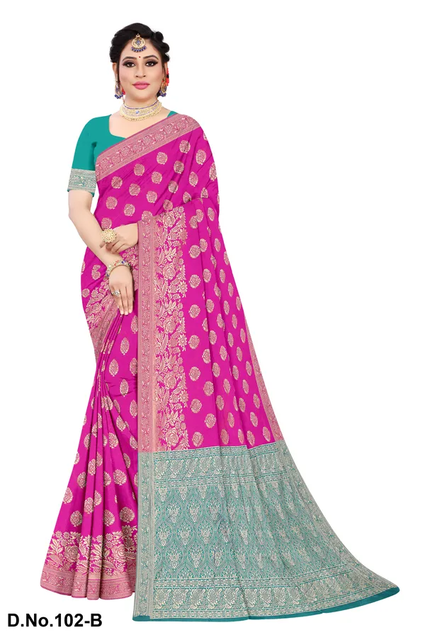 Teal_And_Pink_Satin_Silk_Zari_Woven_Border_Banarasi_Saree_For_Women