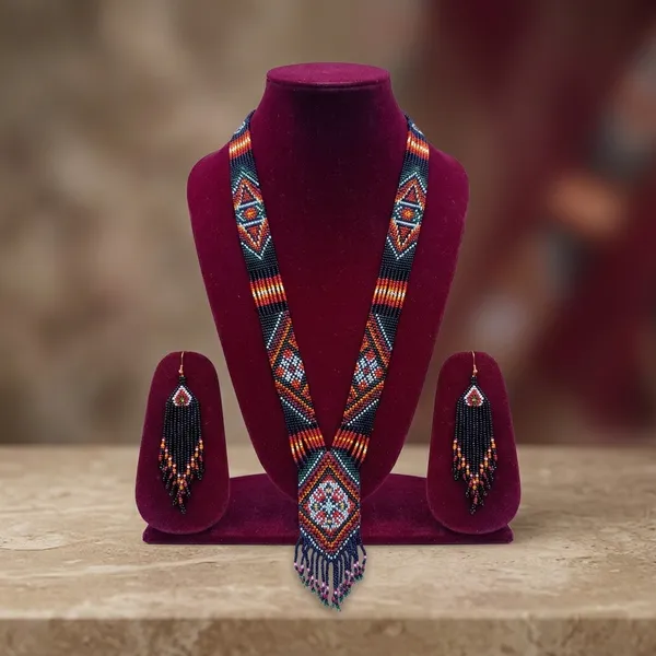 Multicolour_Glass_Beads_Tribal_Pattern_Long_Necklace_And_Earring_Set_For_Women