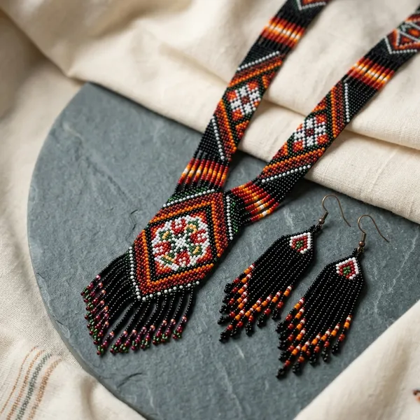 Multicolour_Glass_Beads_Tribal_Pattern_Long_Necklace_And_Earring_Set_For_Women