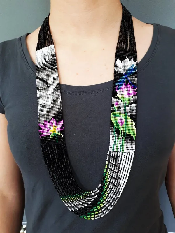 Black_Glass_Beads_Multi_Strand_Floral_Statement_Necklace_For_Women