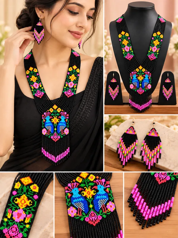 Multicolour_Glass_Beads_Floral_Long_Tassel_Necklace_Earring_Set_For_Women