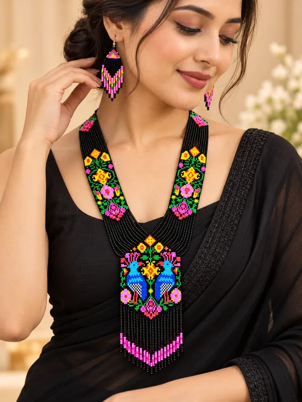 Multicolour_Glass_Beads_Floral_Long_Tassel_Necklace_Earring_Set_For_Women