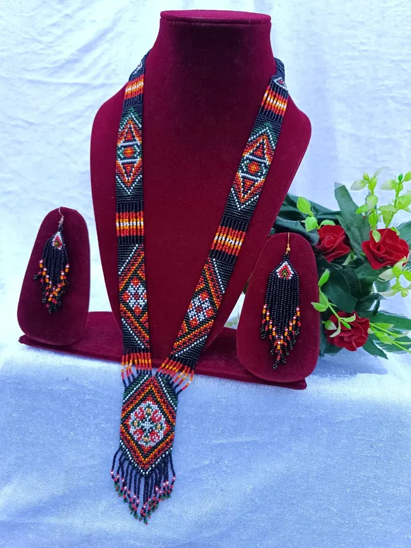 Multicolour_Glass_Beads_Tribal_Pattern_Long_Necklace_And_Earring_Set_For_Women