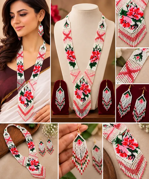 Pink_white_Glass_Beads_Geometric_Long_Statement_Necklace_Earring_Set_For_Women