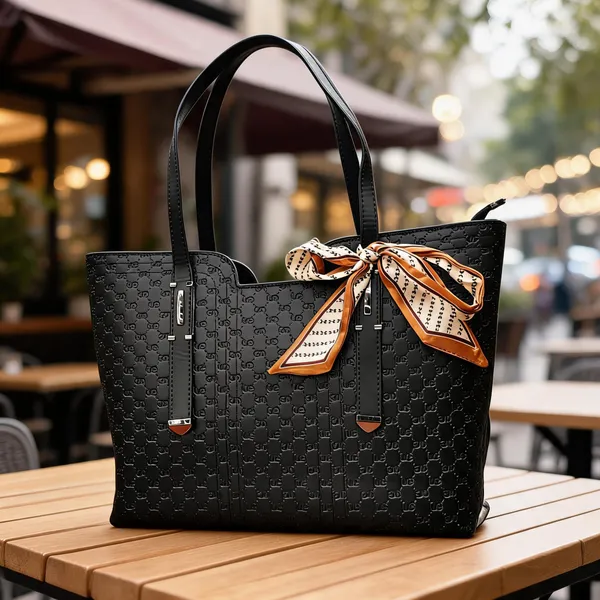 Black_Synthetic_Pu_Embossed_Tote_Handbag_With_Scarf_For_Women