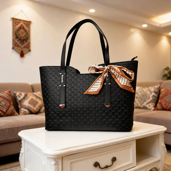 Black_Synthetic_Pu_Embossed_Tote_Handbag_With_Scarf_For_Women