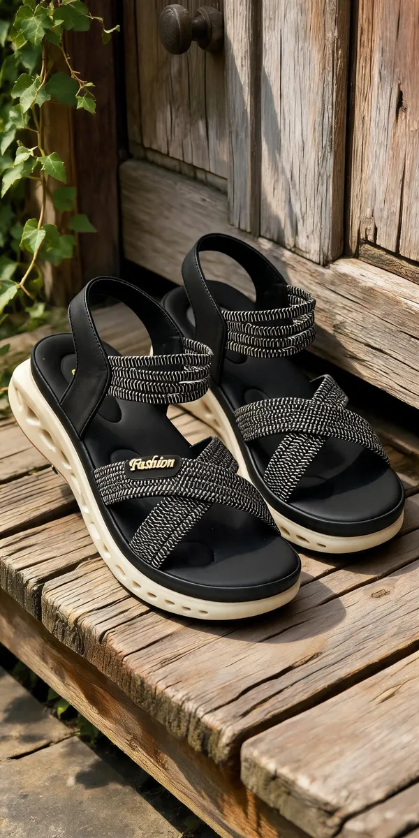 Black_Synthetic_Pu_Crisscross_Strappy_Wedge_Sandals_For_Women