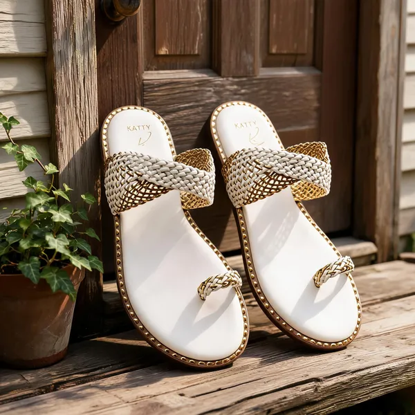 White_Synthetic_Pu_Leather_Braided_Flat_Sandals_For_Women