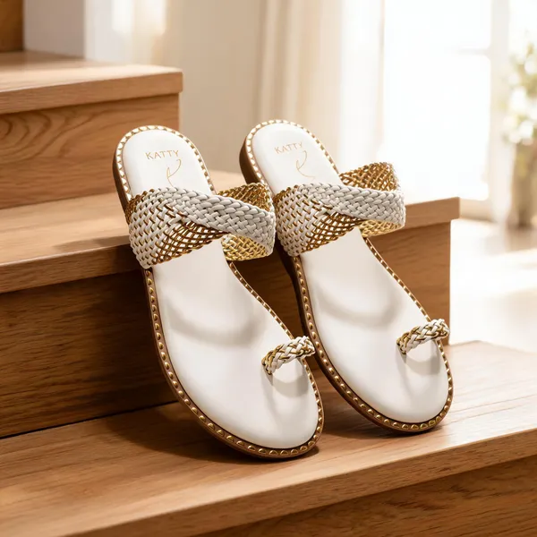 White_Synthetic_Pu_Leather_Braided_Flat_Sandals_For_Women