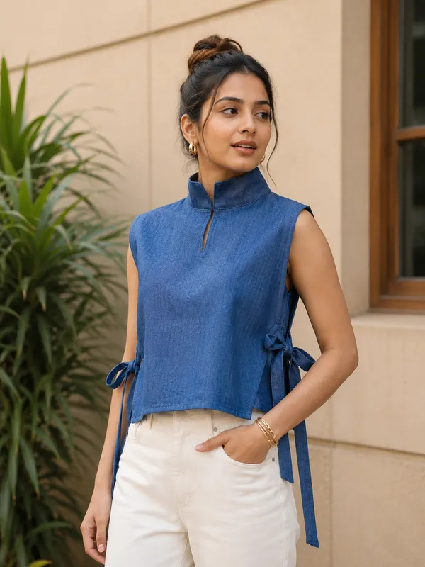 Blue_X_Denim_High_Neck_Tie-Up_Crop_Top_For_Women