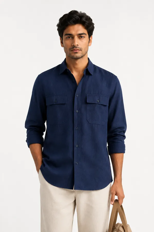 Double_Pocket_X_Navy_Blue_Linen_Shirt_
