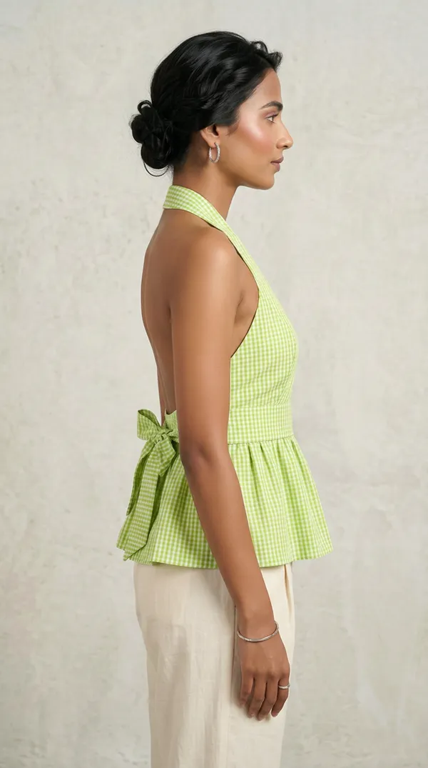 Checked_X_Gingham_Halter_Neck_Peplum_Top_For_Women