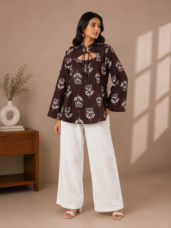 Brown_X_Floral_Print_Tie-Up_Kurti_For_Women