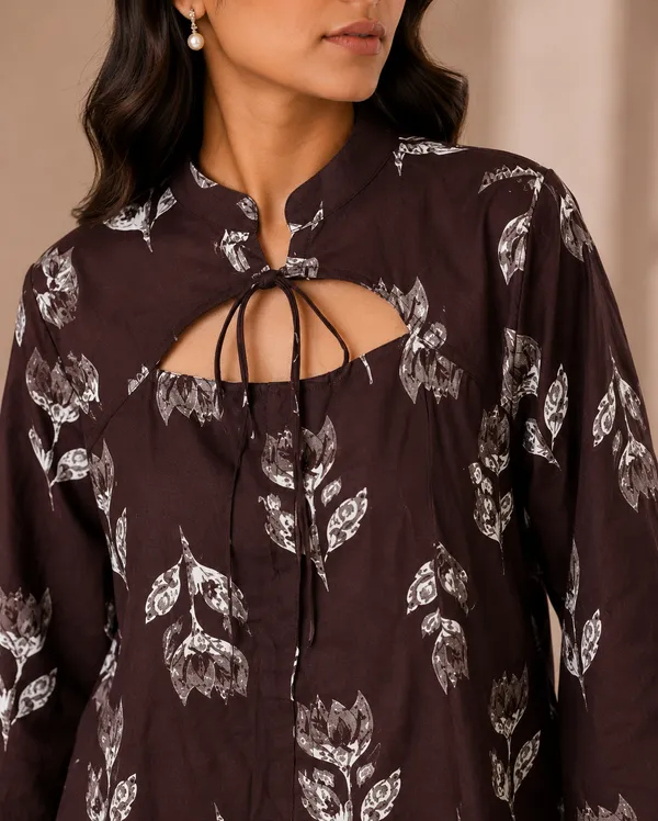 Brown_X_Floral_Print_Tie-Up_Kurti_For_Women