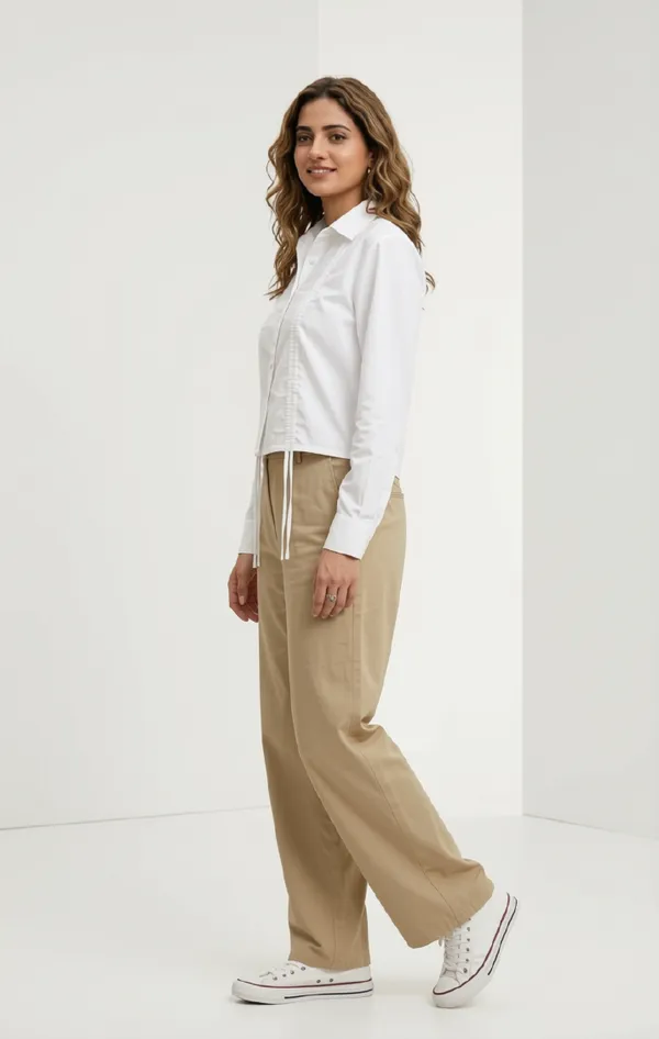 White_X_Ruched_Front_Collared_Shirt_For_Women