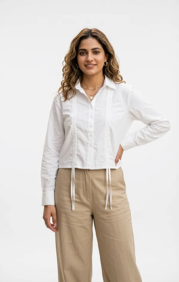 White_X_Ruched_Front_Collared_Shirt_For_Women