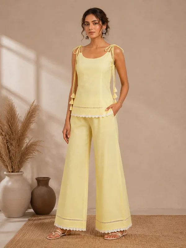 Yellow_Cotton_Tie_Shoulder_Lace_Trim_Top_For_Women