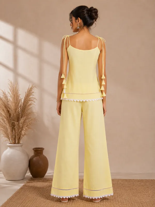 Yellow_Cotton_Tie_Shoulder_Lace_Trim_Top_For_Women