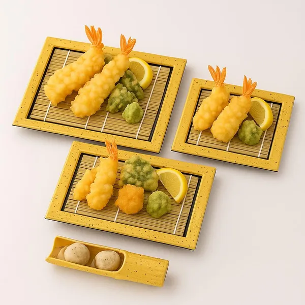 Japanese_Style_Tempura_Serving_Set_With_Bamboo_Mats_Traditional_Yellow_Ceramic_Plates_Condiment_Dish_Lemon_Garnish_Restaurant_Presentation_Set_Of_3