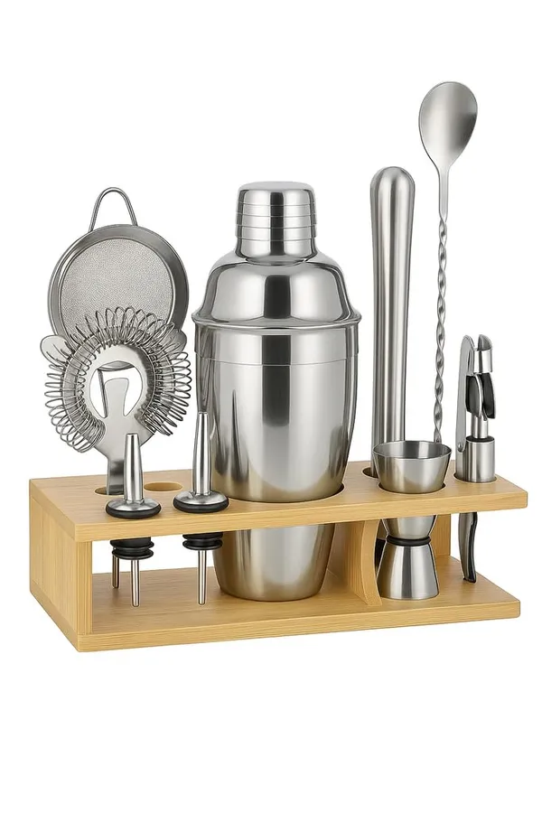 Bar_Set_Of_11_Pieces_With_Wooden_Rack_Stainless_Steel_Cocktail_Shaker_Kit_With_Bamboo_Stand