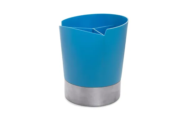 Desk_Organizer_With_Compartments_Blue_And_Silver_Cylindrical_Utensil_Holder_With_Metal_Base
