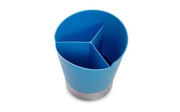 Desk_Organizer_With_Compartments_Blue_And_Silver_Cylindrical_Utensil_Holder_With_Metal_Base