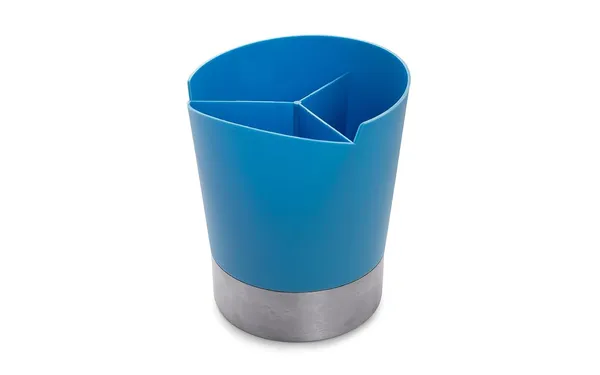 Desk_Organizer_With_Compartments_Blue_And_Silver_Cylindrical_Utensil_Holder_With_Metal_Base