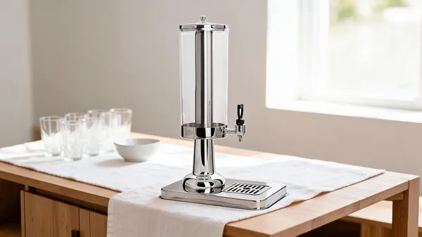 Acrylic_Chrome_Clear_Cylindrical_Beverage_Dispenser_With_Drip_Tray