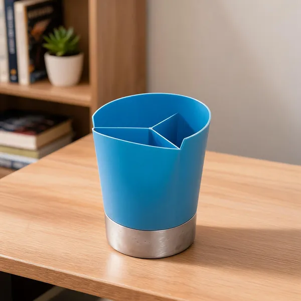 Metal_Plastic_Blue_Silver_Cylindrical_Desk_Organizer