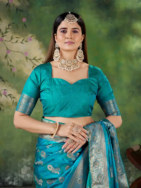 Teal_Blue_Banarasi_Jacquard_Zari_Woven_Saree_With_Unstitched_Blouse_Default_Title