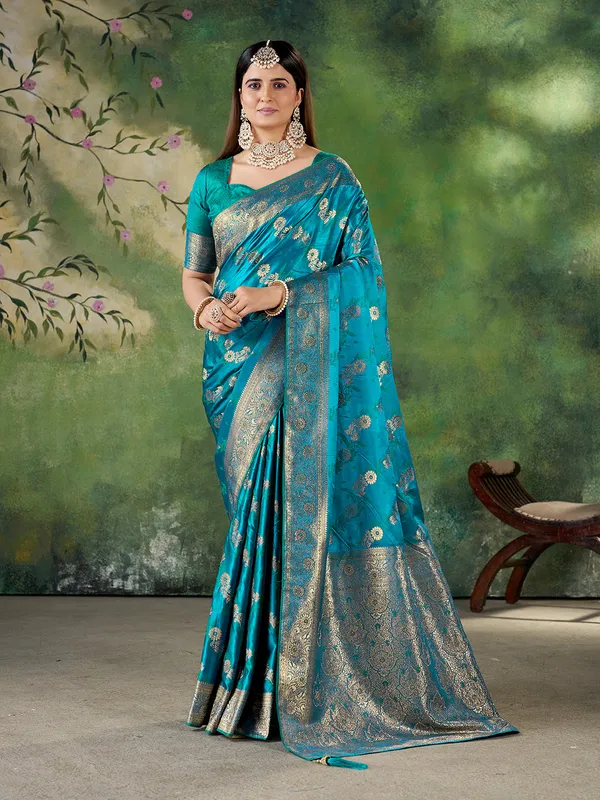 Teal_Blue_Banarasi_Jacquard_Zari_Woven_Saree_With_Unstitched_Blouse_Default_Title