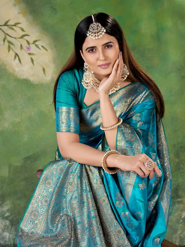 Teal_Blue_Banarasi_Jacquard_Zari_Woven_Saree_With_Unstitched_Blouse_Default_Title