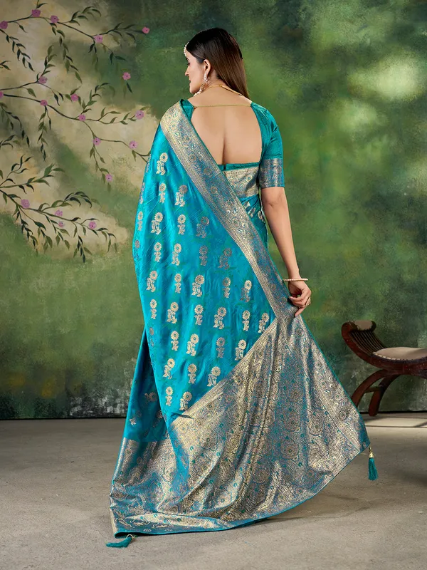 Teal_Blue_Banarasi_Jacquard_Zari_Woven_Saree_With_Unstitched_Blouse_Default_Title